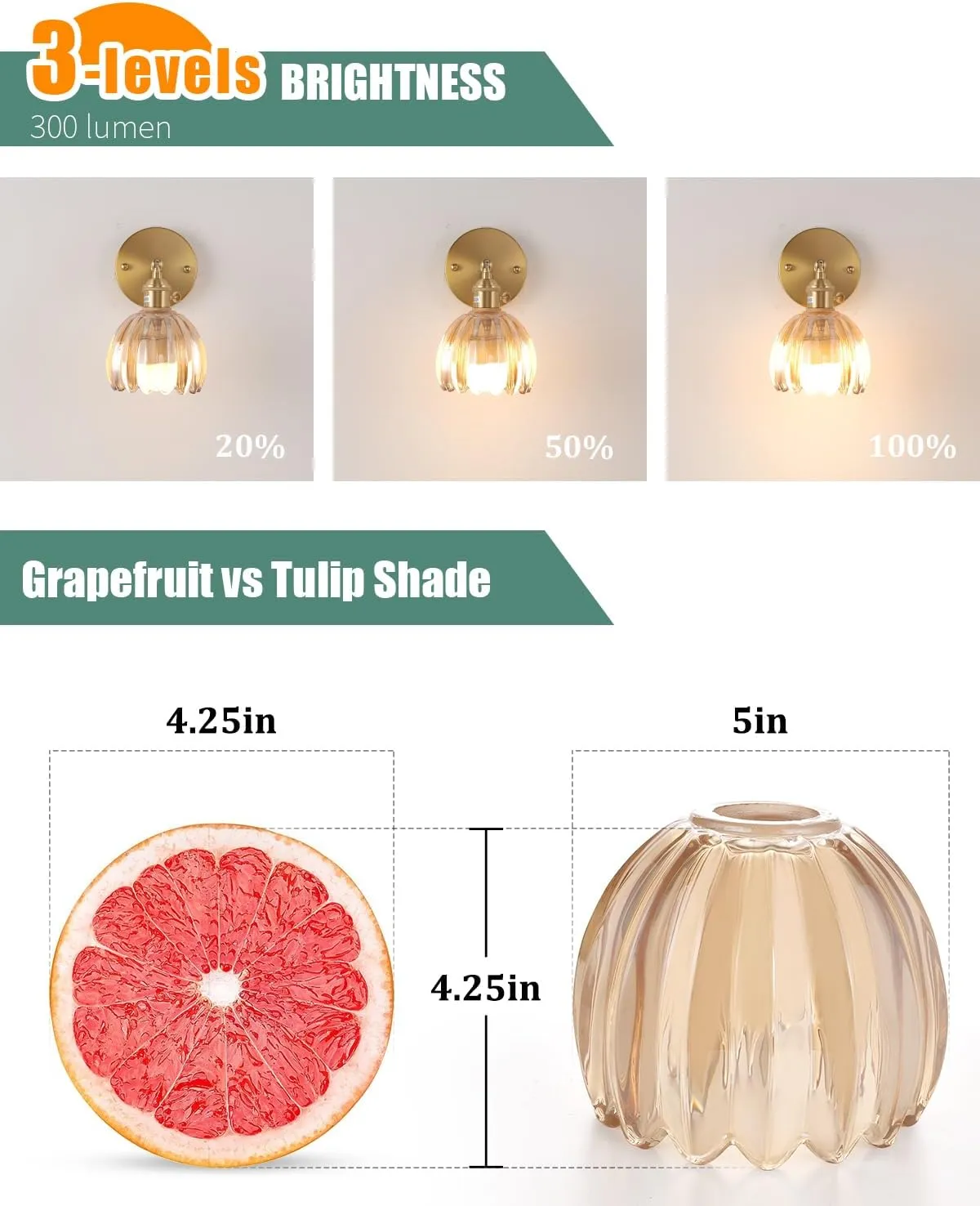Vintage Battery Operated Wall Sconce with Amber Tulip Glass Lampshade Wireless Rechargeable Battery Powered Wall Light with Remote Control for Bedside Bedroom Doorway, Set of 2