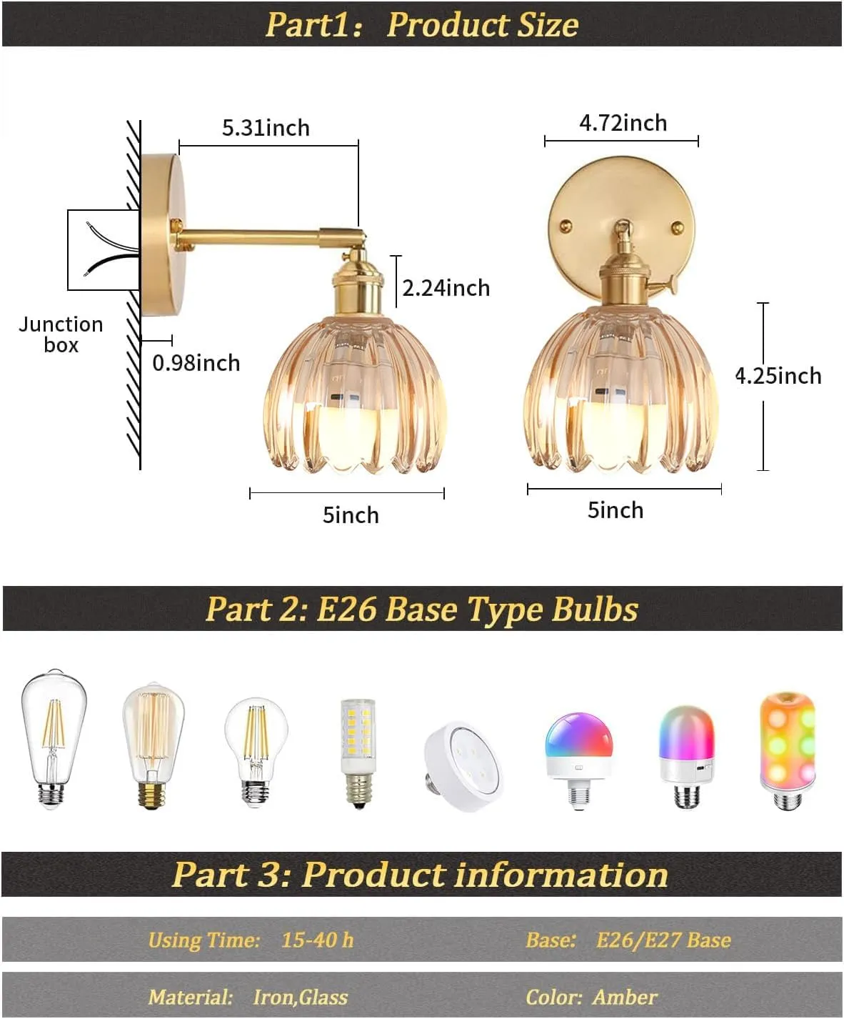 Vintage Battery Operated Wall Sconce with Amber Tulip Glass Lampshade Wireless Rechargeable Battery Powered Wall Light with Remote Control for Bedside Bedroom Doorway, Set of 2