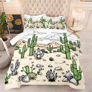 Vintage Cactus Comforter Set 3 Pieces Full Size Western Cartoon Desert Landscape Herbs Sand Dunes Stones 1 Quilt Comforter 2 Pillowcases Soft Cozy