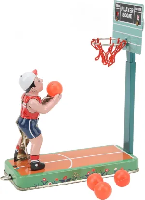 Vintage Tin Basketball Toy | Wind Up Clockwork Player with 4 Balls | Retro Present for Birthday/Christmas | Handcrafted Collectible