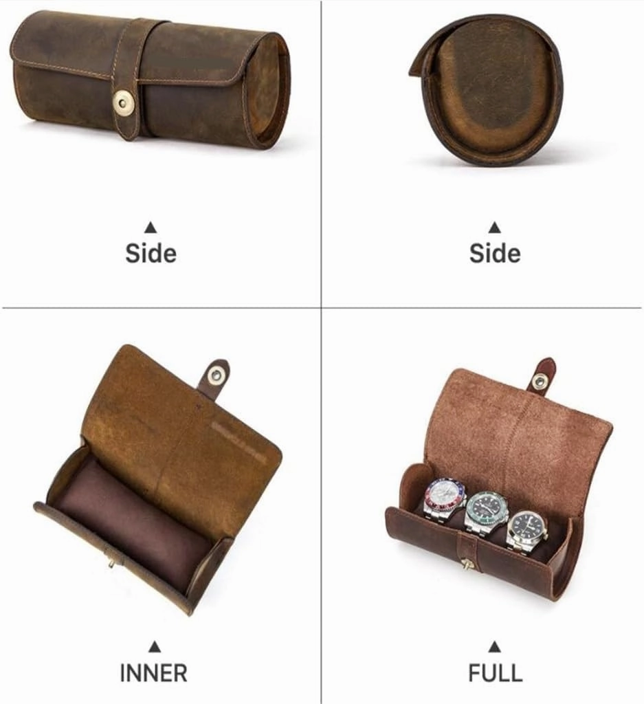 Vintage Leather Watch Case Circular Buckle Storage Box Watch Frame