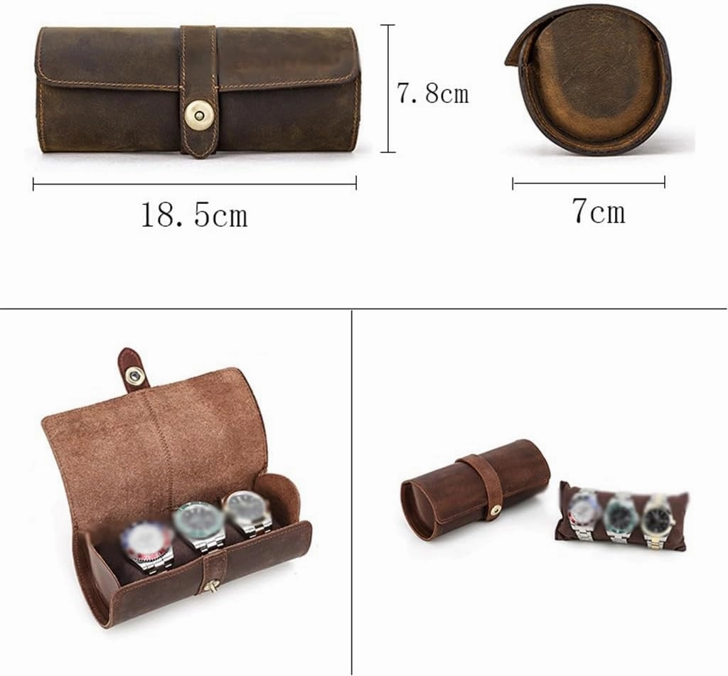 Vintage Leather Watch Case Circular Buckle Storage Box Watch Frame