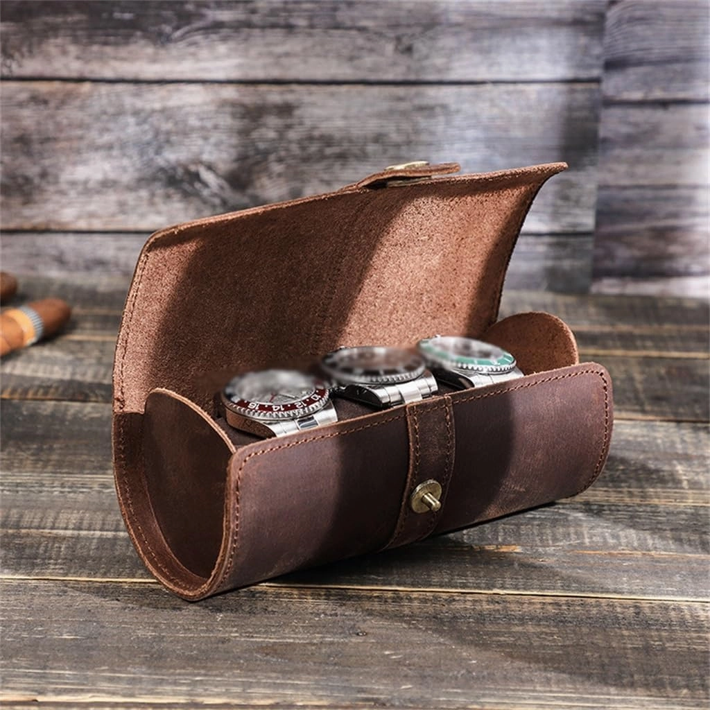 Vintage Leather Watch Case Circular Buckle Storage Box Watch Frame
