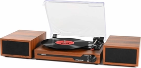 Vinyl Record Player with External Speakers BT 5.3 Wireless Turntable Portable with 3 Speed USB Vintage Wooden Brown