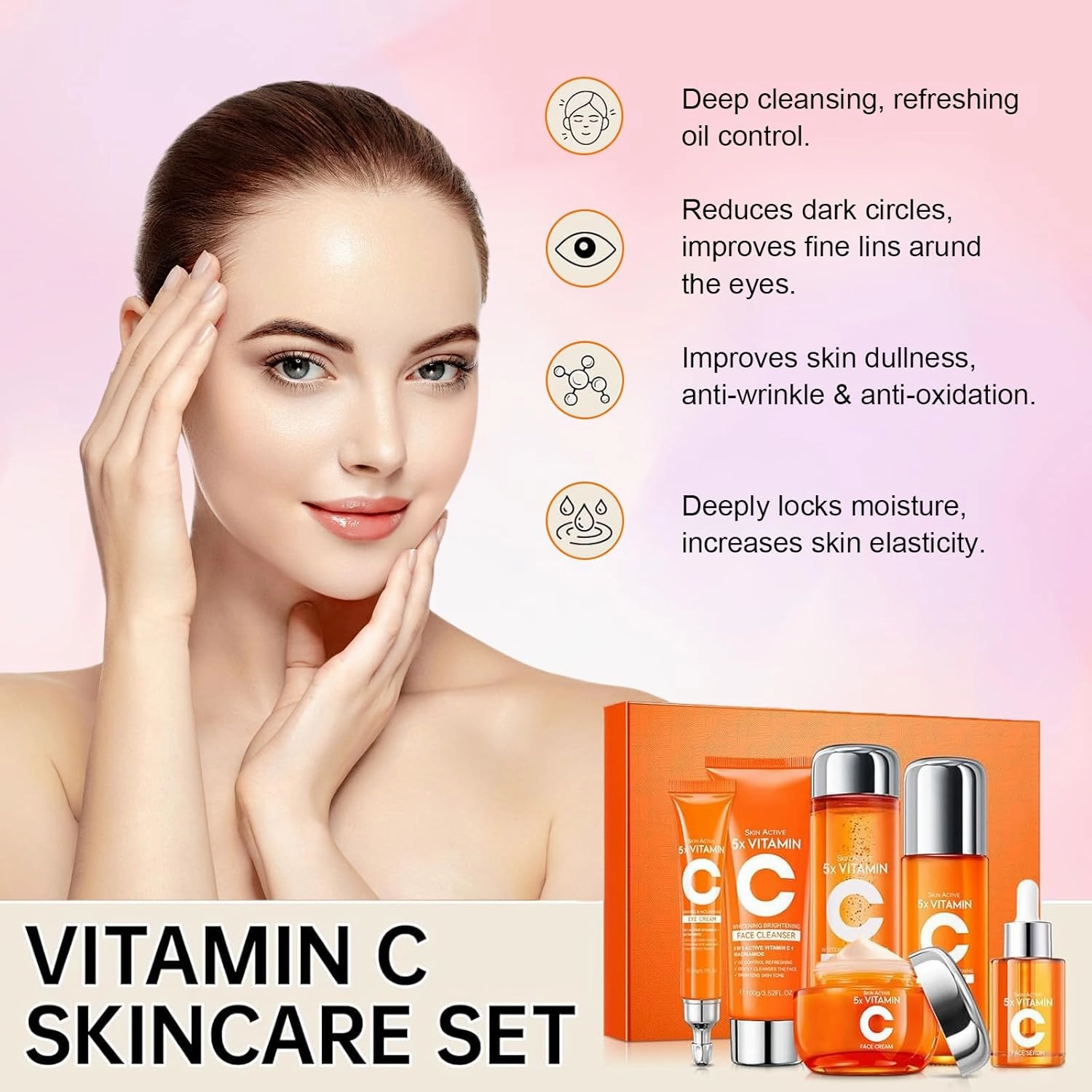 Vitamin C Skincare Set, 6-In-1 Skincare Gift Set With Cleanser, Toner, Serum, Moisturizer, Eye Cream & Body Lotion for Anti-Aging, Anti-Wrinkle（Unique Gift for Women） (6-In-1 Skincare Set)
