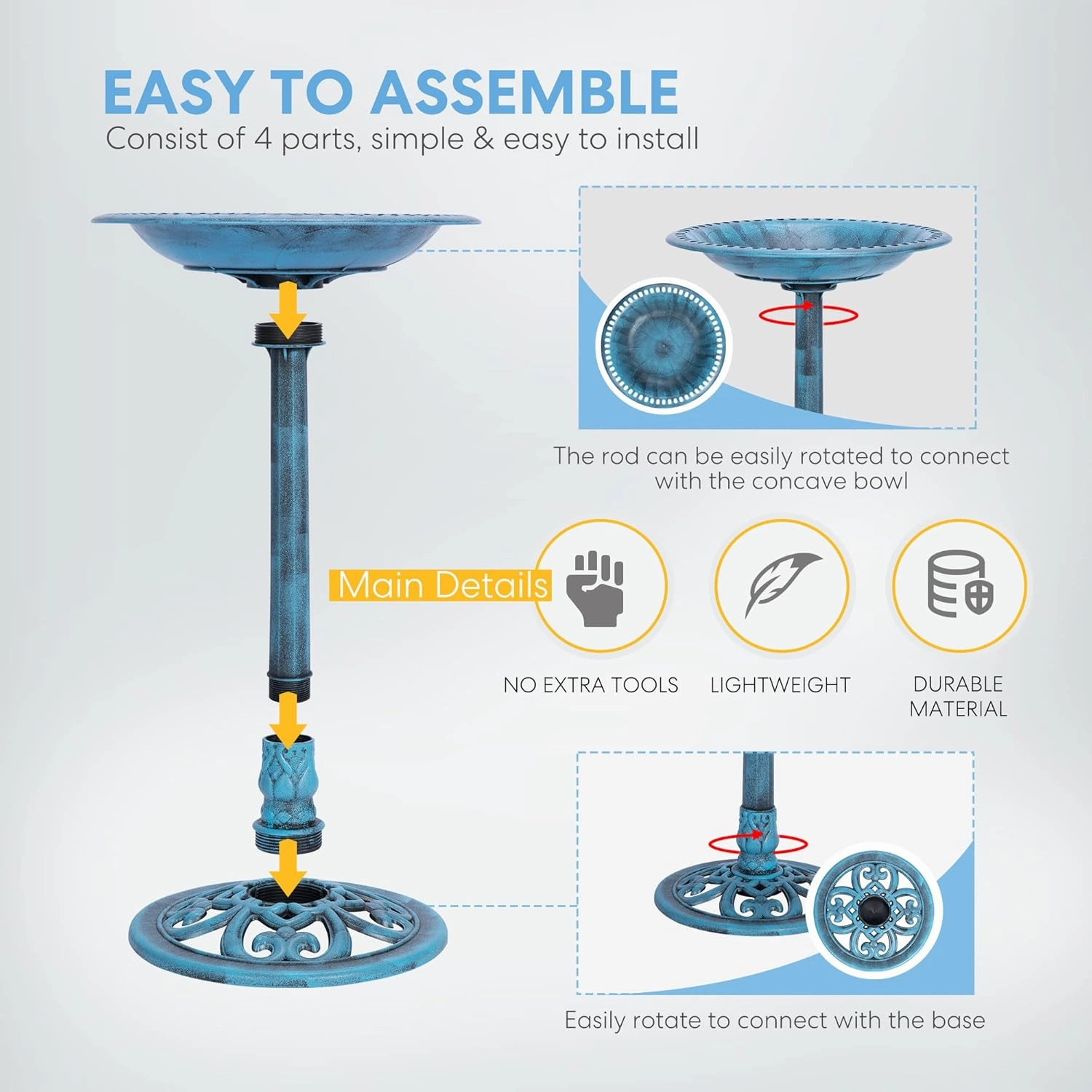 VIVOHOME Polyresin Antique Outdoor Blue Garden Bird Bath and Solar Powered Round Pond Fountain Combo Set