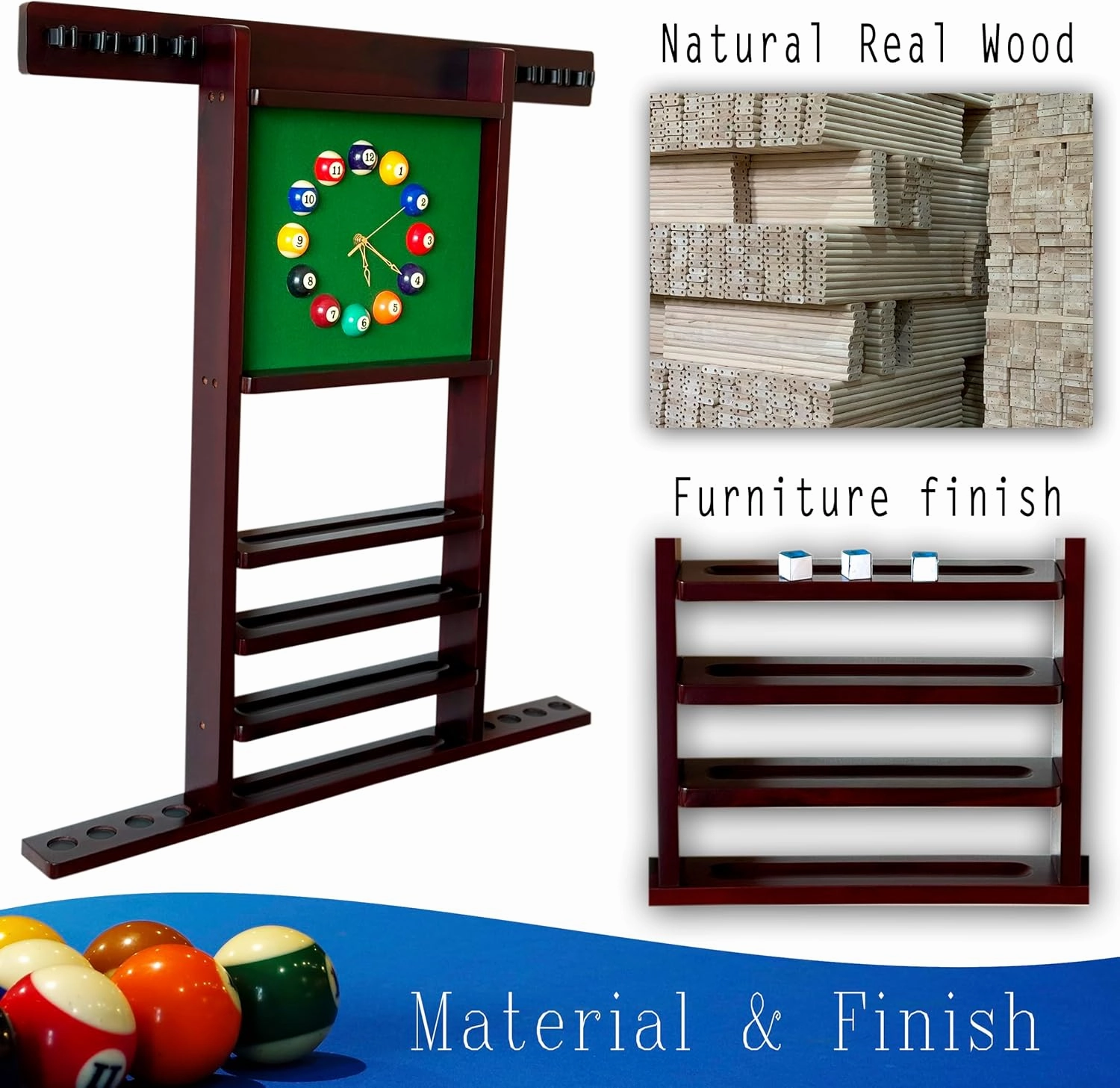 Wall Mount Deluxe Pool Cue Holder, Wooden Accessories for Billiard Game Room (Mahogany), Holds 8 Cues