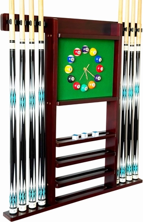 Wall Mount Deluxe Pool Cue Holder, Wooden Accessories for Billiard Game Room (Mahogany), Holds 8 Cues