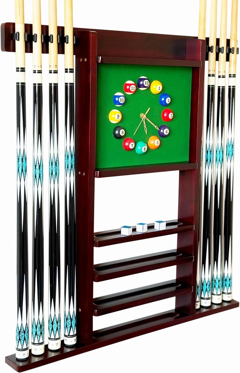 Wall Mount Deluxe Pool Cue Holder, Wooden Accessories for Billiard Game Room (Mahogany), Holds 8 Cues