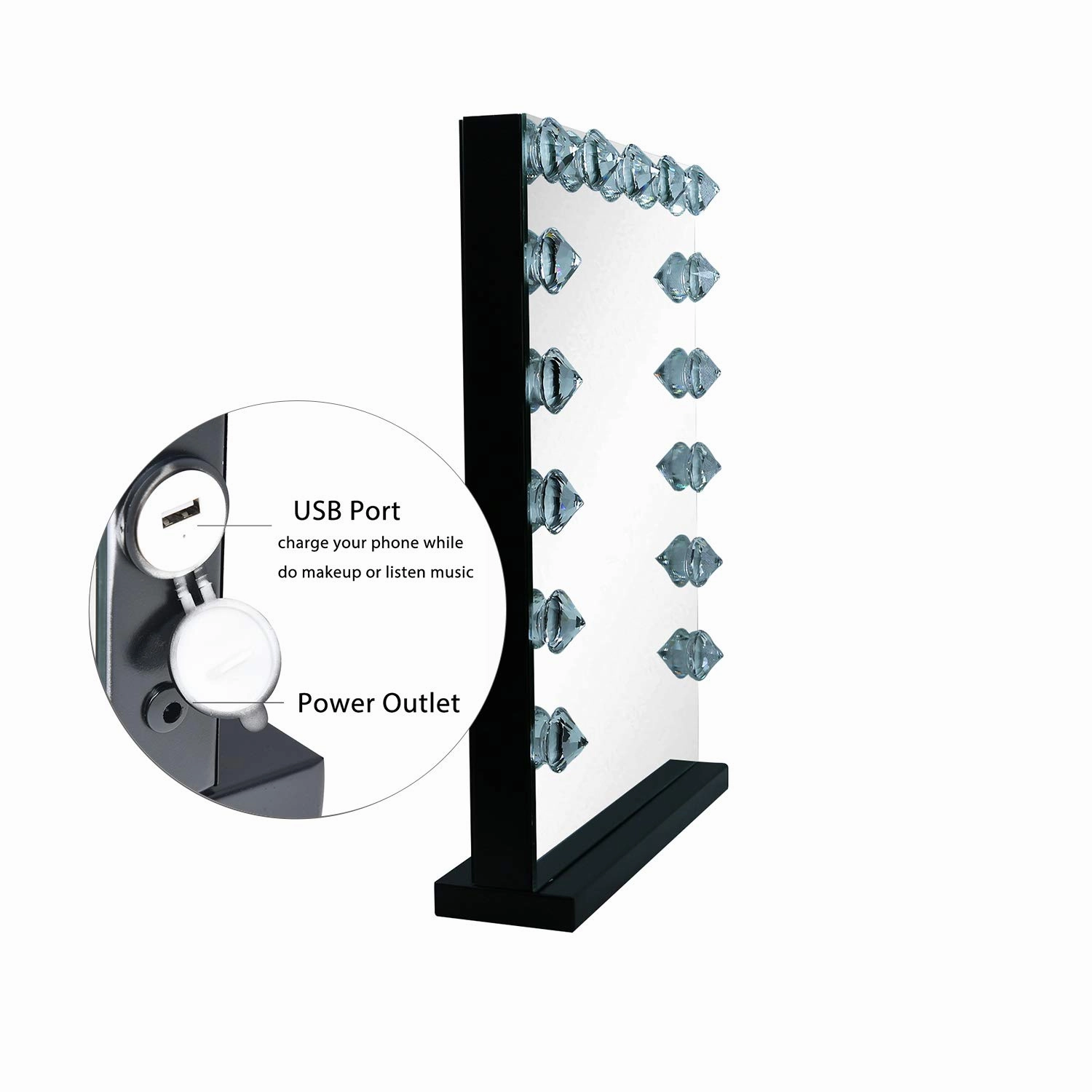 walsport Lighted Makeup Mirror Vanity Hollywood Mirror with Smart Touch, 15 LED Dimmable Bulbs, Table Top or Wall Mount Dressing Cosmetic Beauty Mirror, USB Charging Port, Black 23”x17”