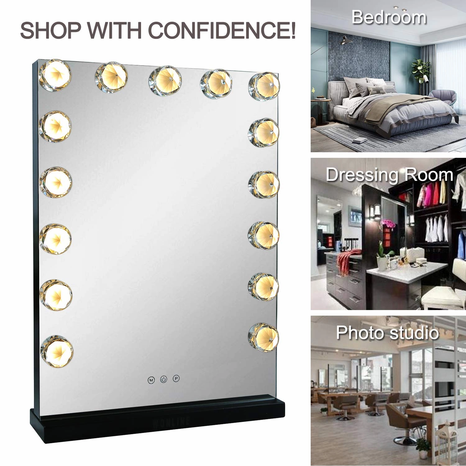 walsport Lighted Makeup Mirror Vanity Hollywood Mirror with Smart Touch, 15 LED Dimmable Bulbs, Table Top or Wall Mount Dressing Cosmetic Beauty Mirror, USB Charging Port, Black 23”x17”