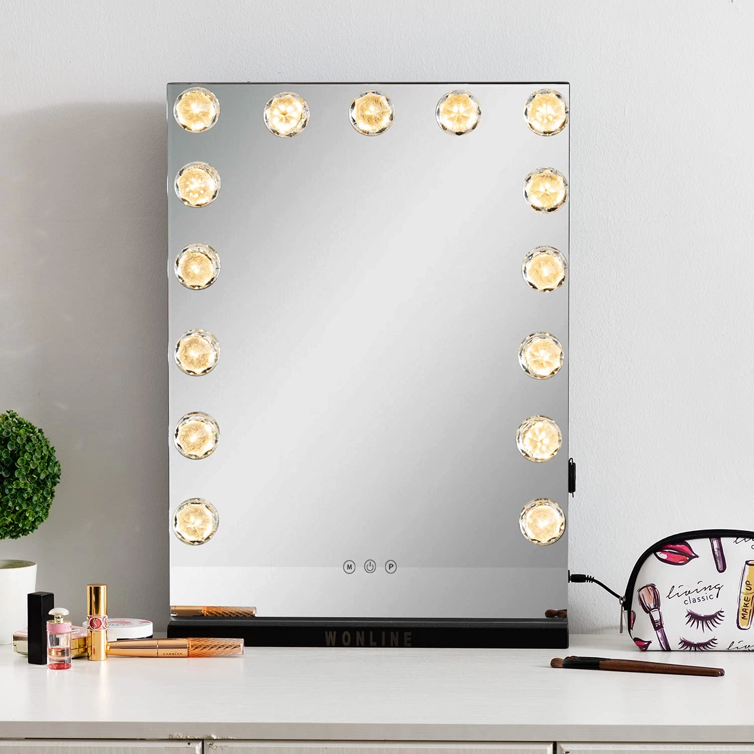 walsport Lighted Makeup Mirror Vanity Hollywood Mirror with Smart Touch, 15 LED Dimmable Bulbs, Table Top or Wall Mount Dressing Cosmetic Beauty Mirror, USB Charging Port, Black 23”x17”