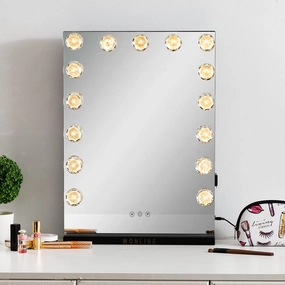 walsport Lighted Makeup Mirror Vanity Hollywood Mirror with Smart Touch, 15 LED Dimmable Bulbs, Table Top or Wall Mount Dressing Cosmetic Beauty Mirror, USB Charging Port, Black 23”x17”