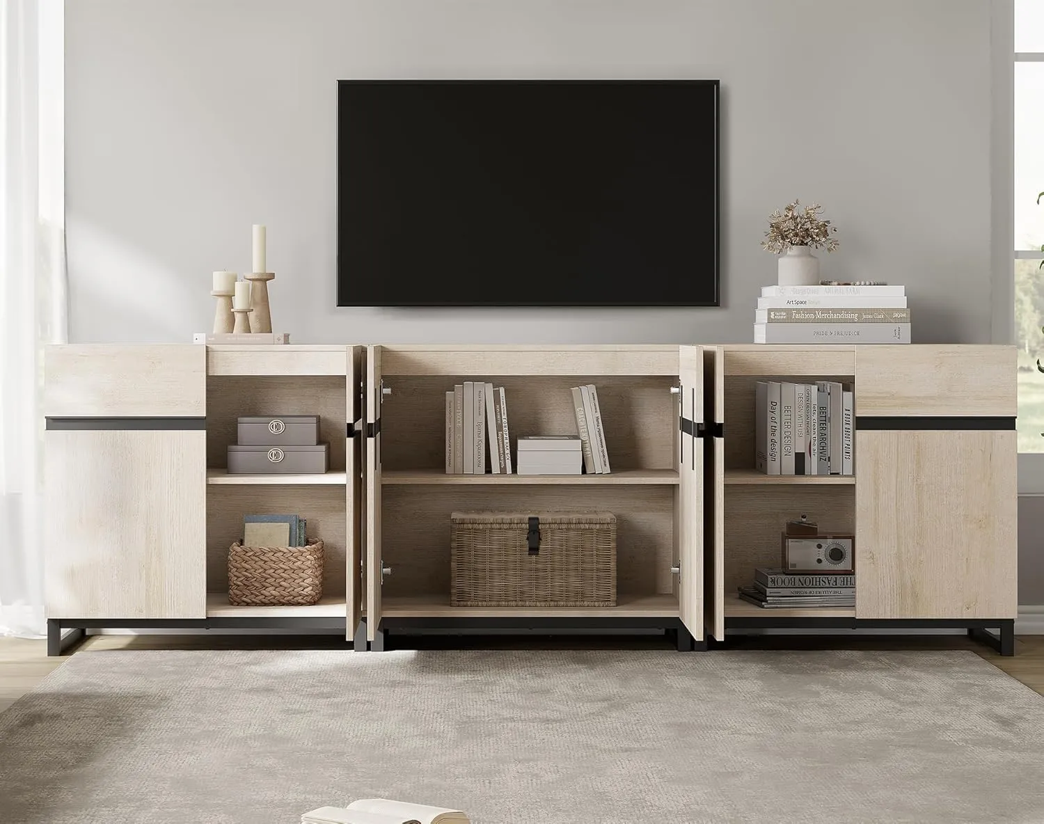WAMPAT Modern TV Stand for TVs Up to 110 Inch, 3 in 1 Wood Entertainment Center Console Table With Adjustable Shelves and Metal Base for Living Room, Bedroom, Light Oak