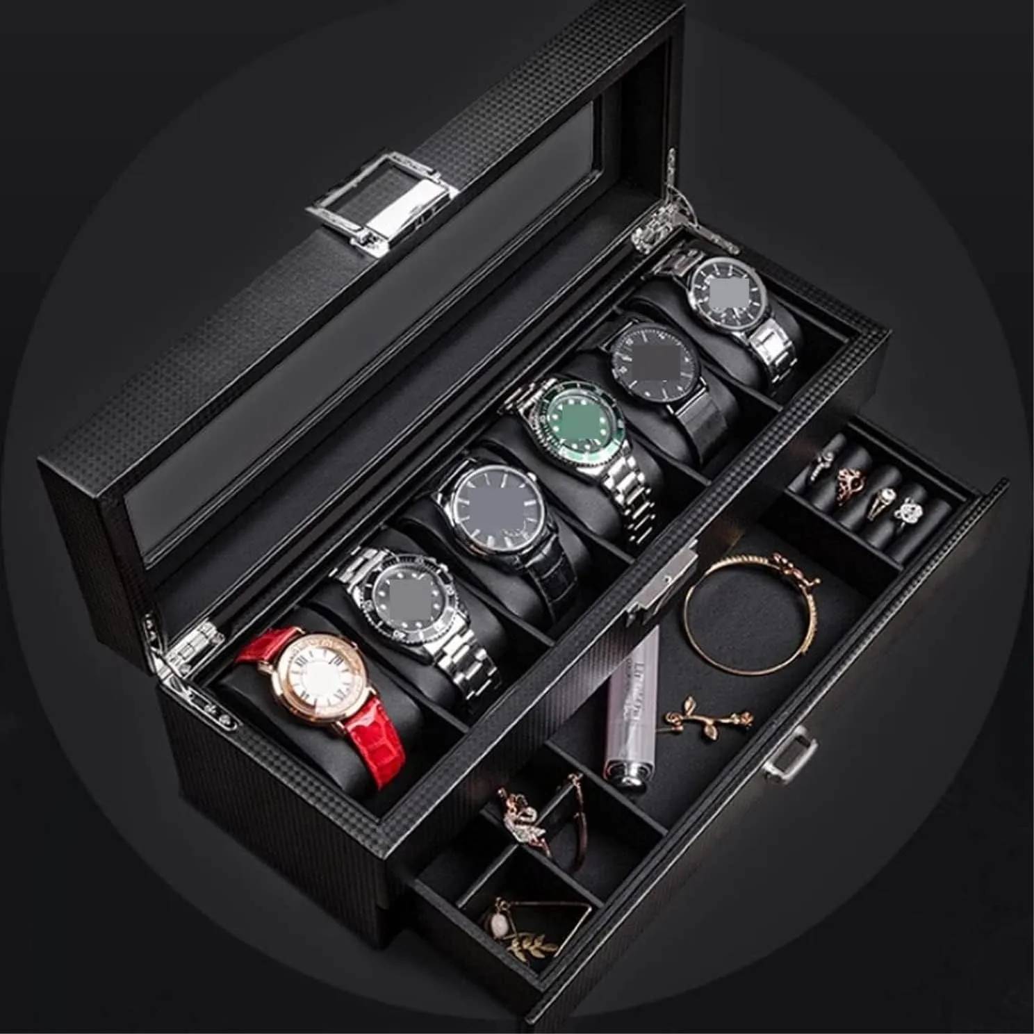 Watch Box Single For Men And Women Leather Watch Box Earrings Necklace Drawer Storage Box With Lock Transparent Glass Top Cover Luxury Watch Case Display Organizer(Size:34 * 12 * 13cm)