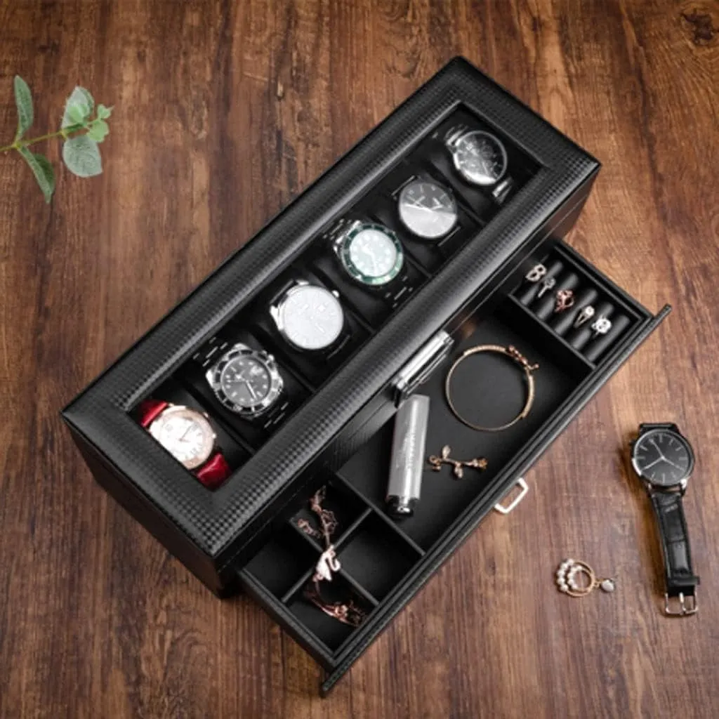 Watch Box Single For Men And Women Leather Watch Box Earrings Necklace Drawer Storage Box With Lock Transparent Glass Top Cover Luxury Watch Case Display Organizer(Size:34 * 12 * 13cm)