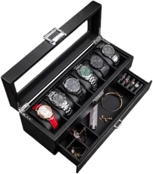 Watch Box Single For Men And Women Leather Watch Box Earrings Necklace Drawer Storage Box With Lock Transparent Glass Top Cover Luxury Watch Case Display Organizer(Size:34 * 12 * 13cm)
