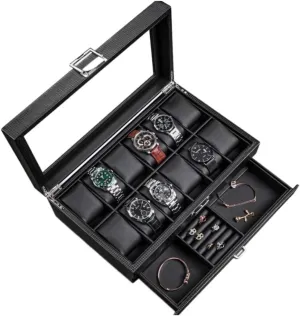 Watch Box Single For Men And Women Watch Box Earrings Necklace Leather Drawer Storage Box With Lock Transparent Glass Top Cover Luxury Watch Case Display Organizer(Size:12 Epitope)