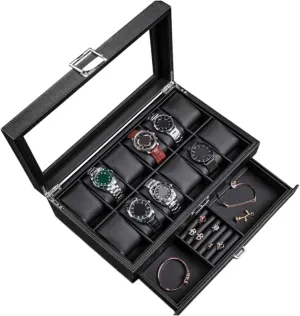Watch Case Watch Roll Leather Watch Box Earrings Necklace Drawer Storage Box with Lock Transparent Glass Top Cover Watch Box Watch Winder(34 * 21 * 13cm)
