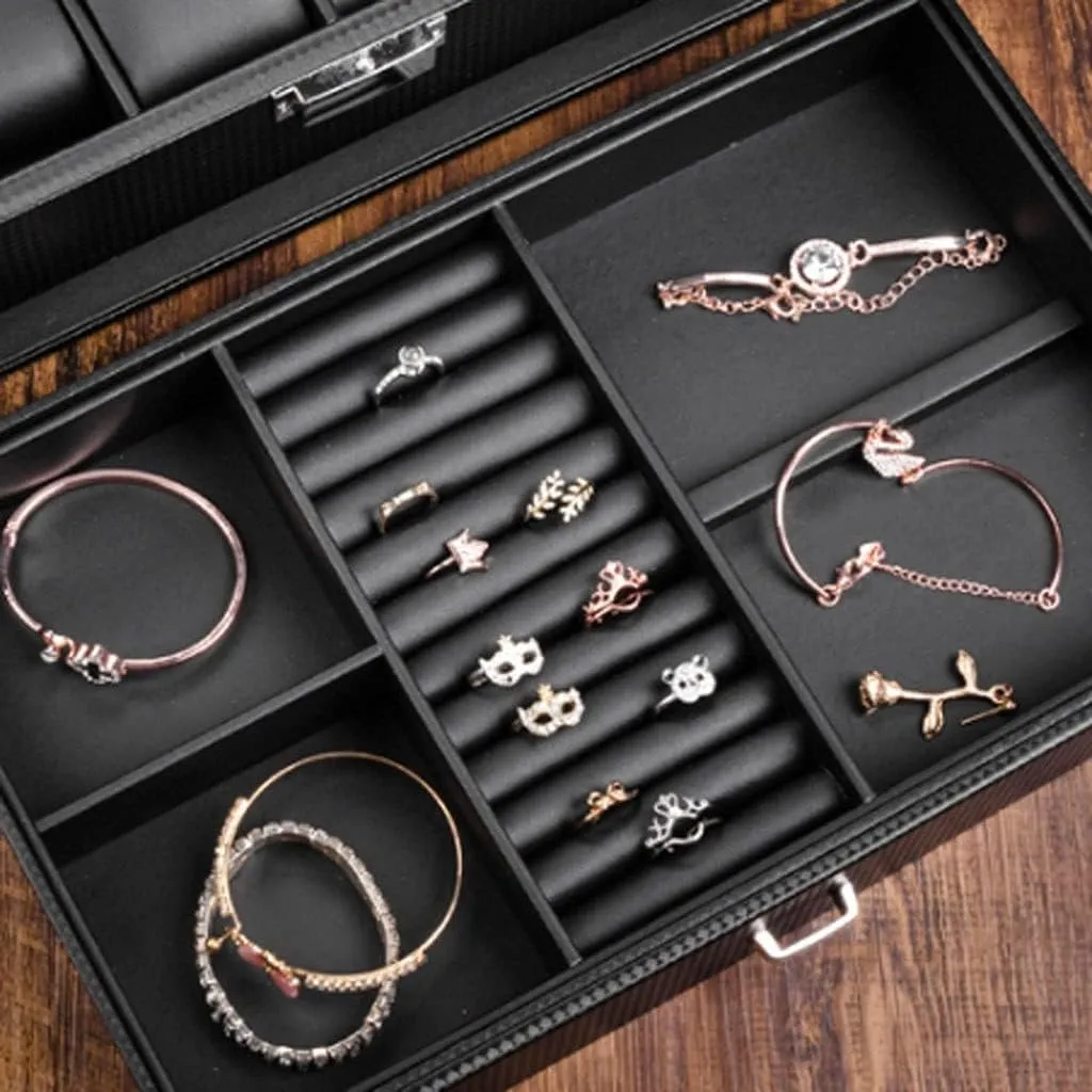 Watch Case Watch Roll Leather Watch Box Earrings Necklace Drawer Storage Box with Lock Transparent Glass Top Cover Watch Box Watch Winder(34 * 21 * 13cm)