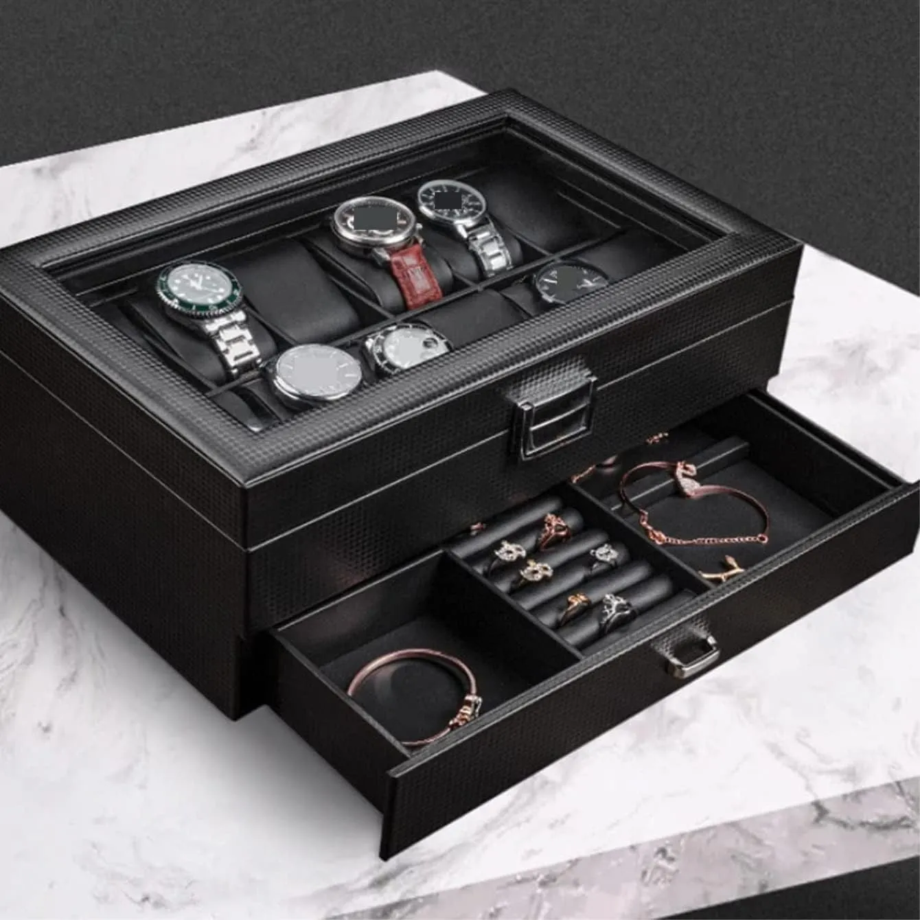 Watch Case Watch Roll Leather Watch Box Earrings Necklace Drawer Storage Box with Lock Transparent Glass Top Cover Watch Box Watch Winder(34 * 21 * 13cm)