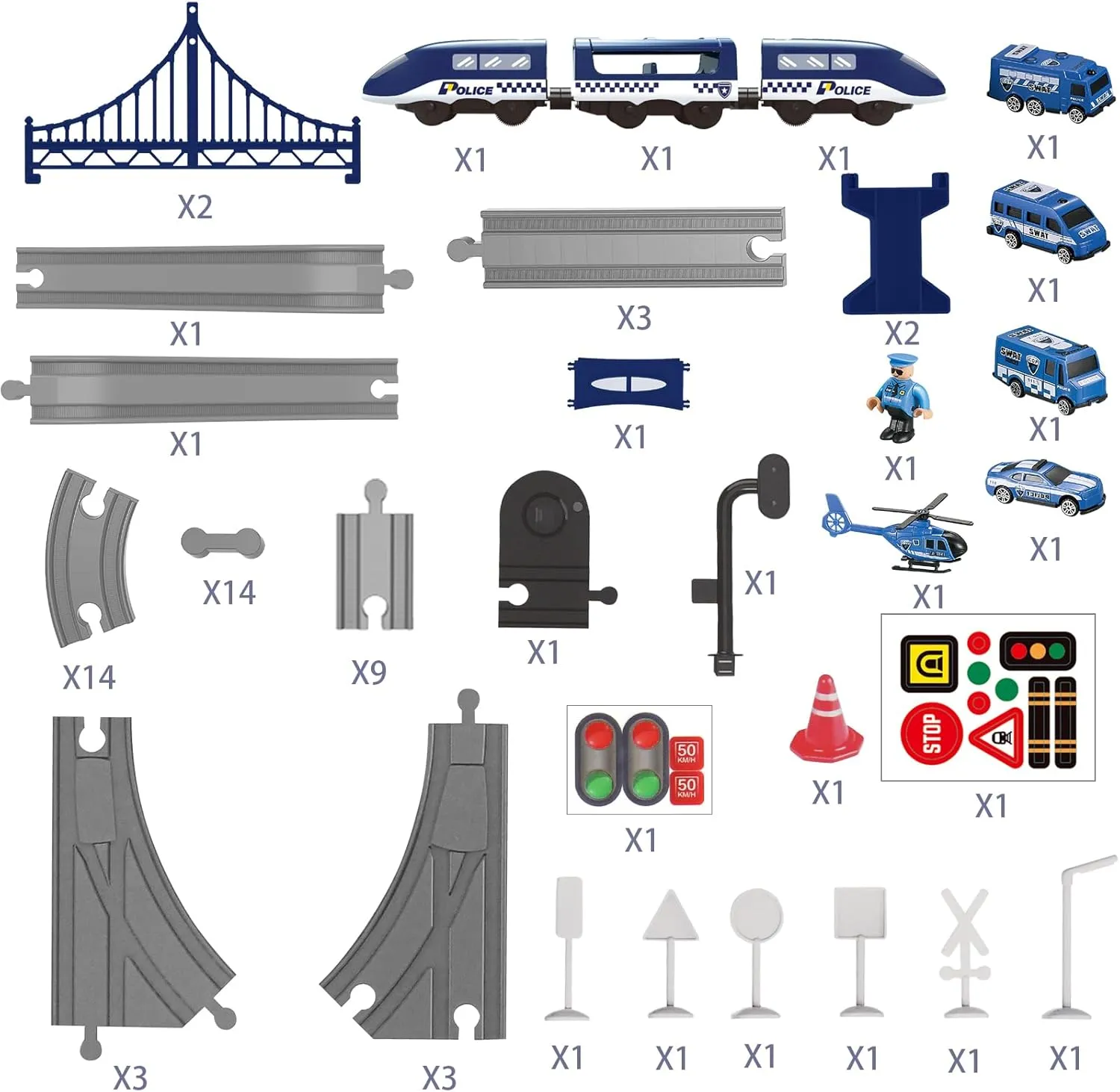 Wdmiya Train Set for Toddlers, 73 Pcs Train Toys for Kids Ages 3-8, Electric Trains Sets with Tracks (Magnetic Connection), Christmas Birthday Gifts for 3 4 5 6 7 Years Old (73pcs, Police)