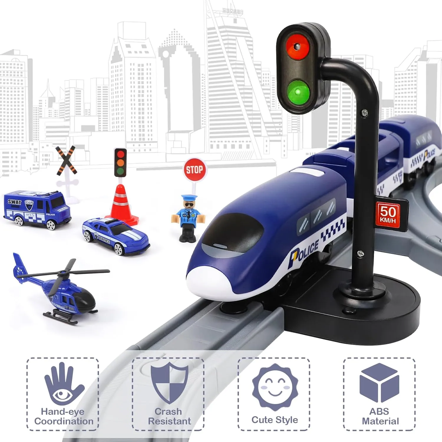Wdmiya Train Set for Toddlers, 73 Pcs Train Toys for Kids Ages 3-8, Electric Trains Sets with Tracks (Magnetic Connection), Christmas Birthday Gifts for 3 4 5 6 7 Years Old (73pcs, Police)