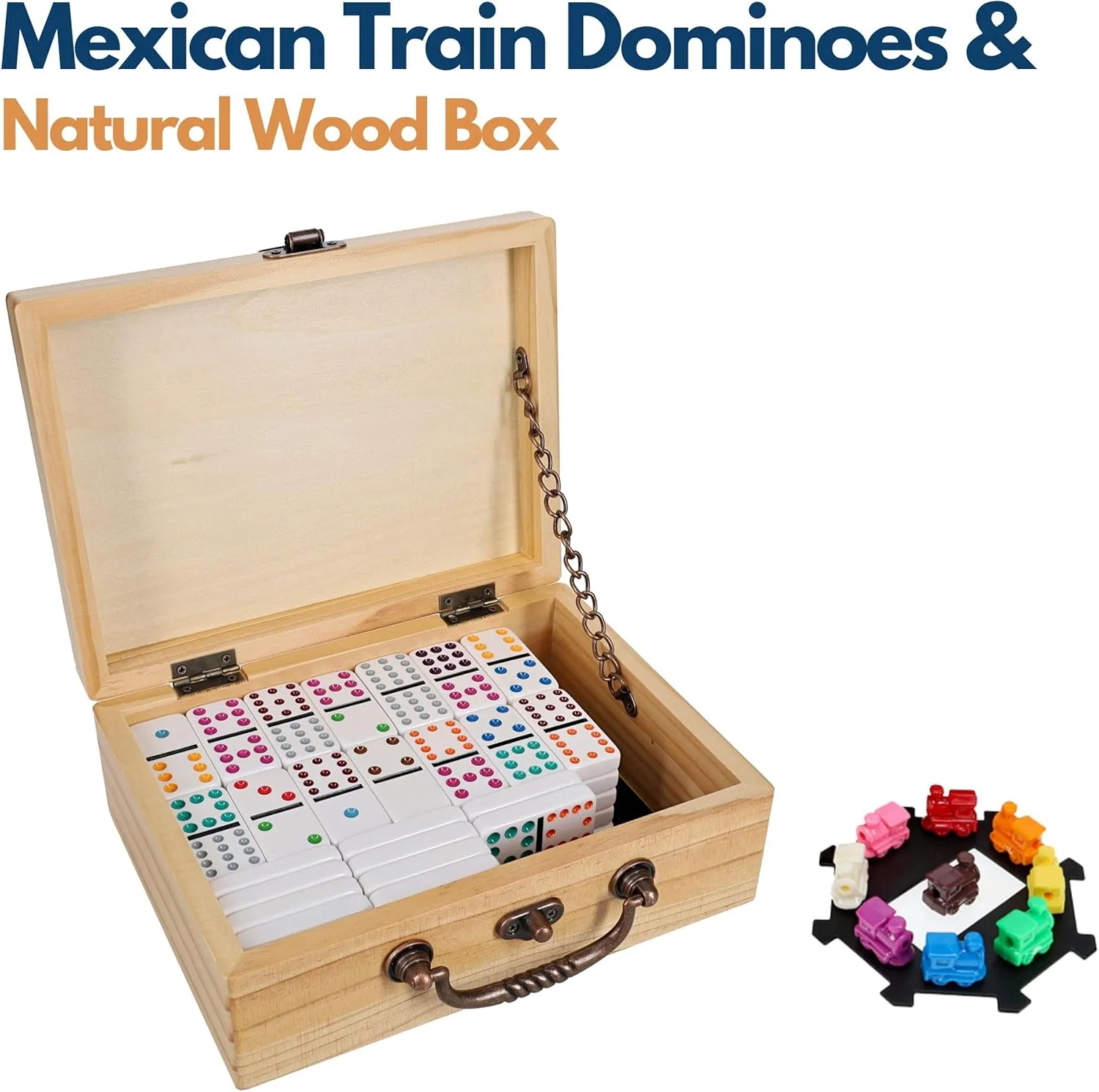 WE Games Mexican Train Dominoes Game in Natural Wooden Treasure Box, Dominoes Set for Adults, Customized Gifts