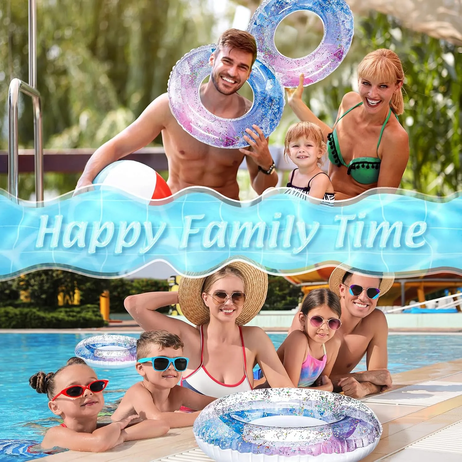 Wettarn 8 Pcs Inflatable Pool Floats Toys Swim Tubes Rings Inner Glitter Sequin Pool Tube Water Swimming Party Ring Float Tube for Boys Girls Outdoor Summer Beach Swimming