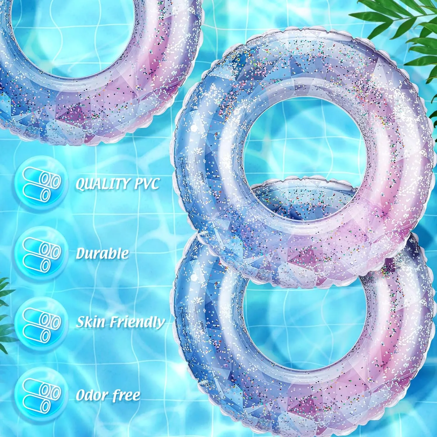 Wettarn 8 Pcs Inflatable Pool Floats Toys Swim Tubes Rings Inner Glitter Sequin Pool Tube Water Swimming Party Ring Float Tube for Boys Girls Outdoor Summer Beach Swimming