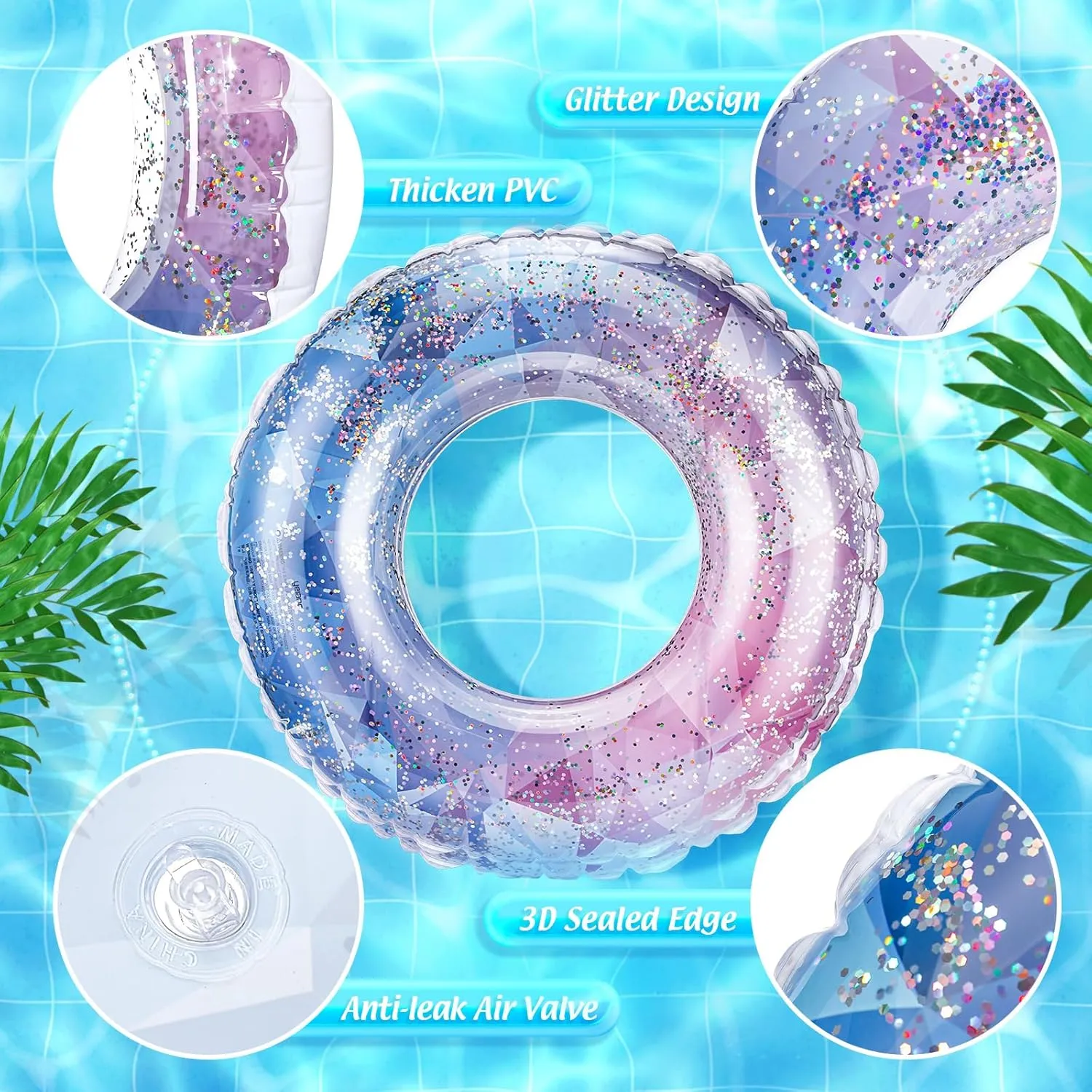 Wettarn 8 Pcs Inflatable Pool Floats Toys Swim Tubes Rings Inner Glitter Sequin Pool Tube Water Swimming Party Ring Float Tube for Boys Girls Outdoor Summer Beach Swimming
