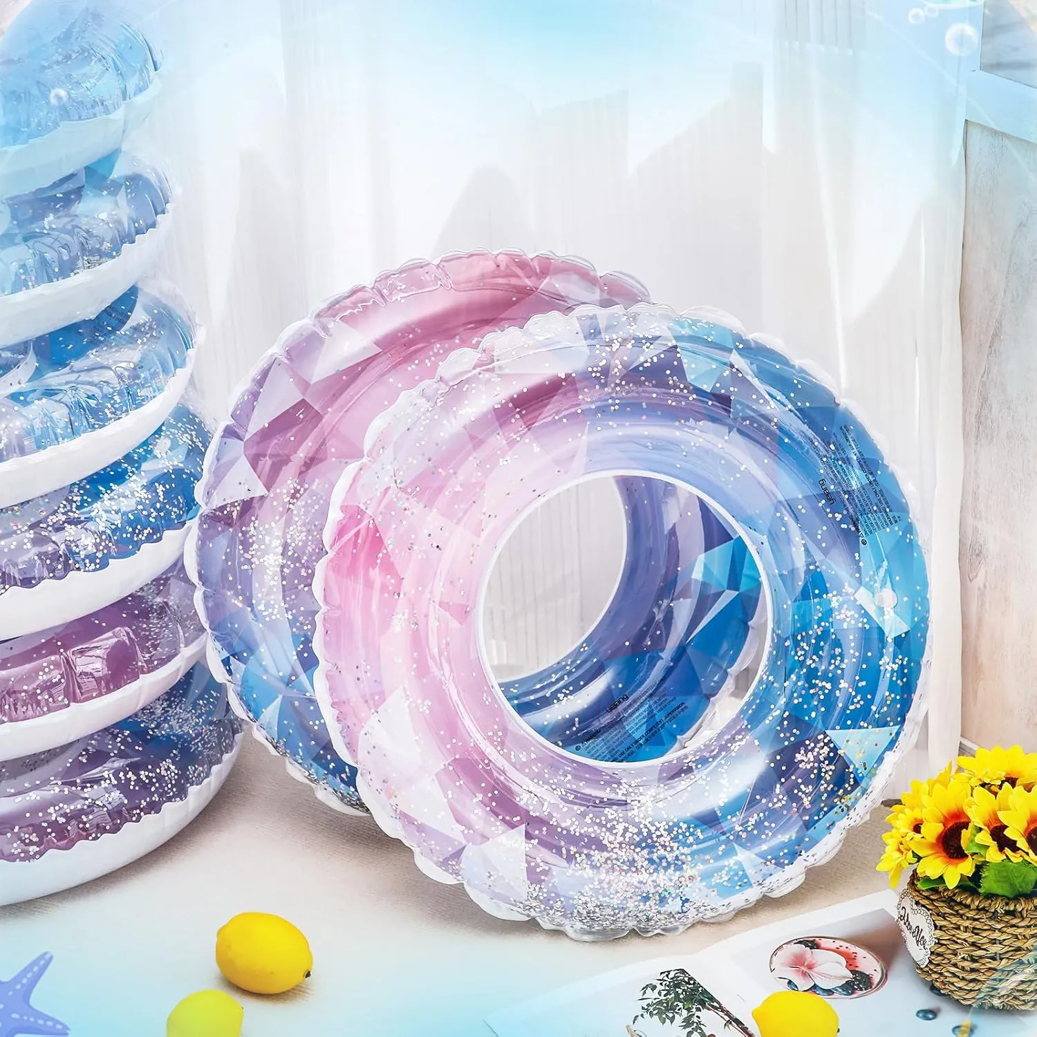 Wettarn 8 Pcs Inflatable Pool Floats Toys Swim Tubes Rings Inner Glitter Sequin Pool Tube Water Swimming Party Ring Float Tube for Boys Girls Outdoor Summer Beach Swimming