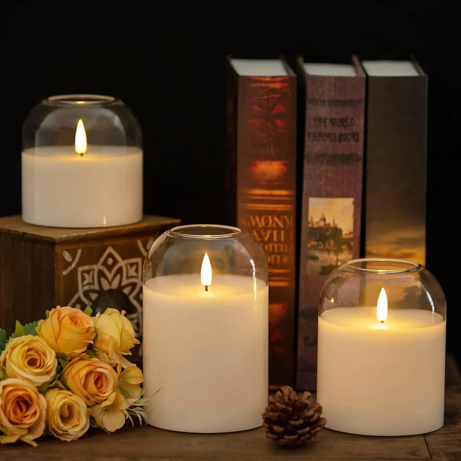 White Glass Flameless Candles Set of 3 (Φ 4" H 4" 5" 6") with Remote Battery Operated Flickering LED Pillar Candles Real Wax 3D Wick