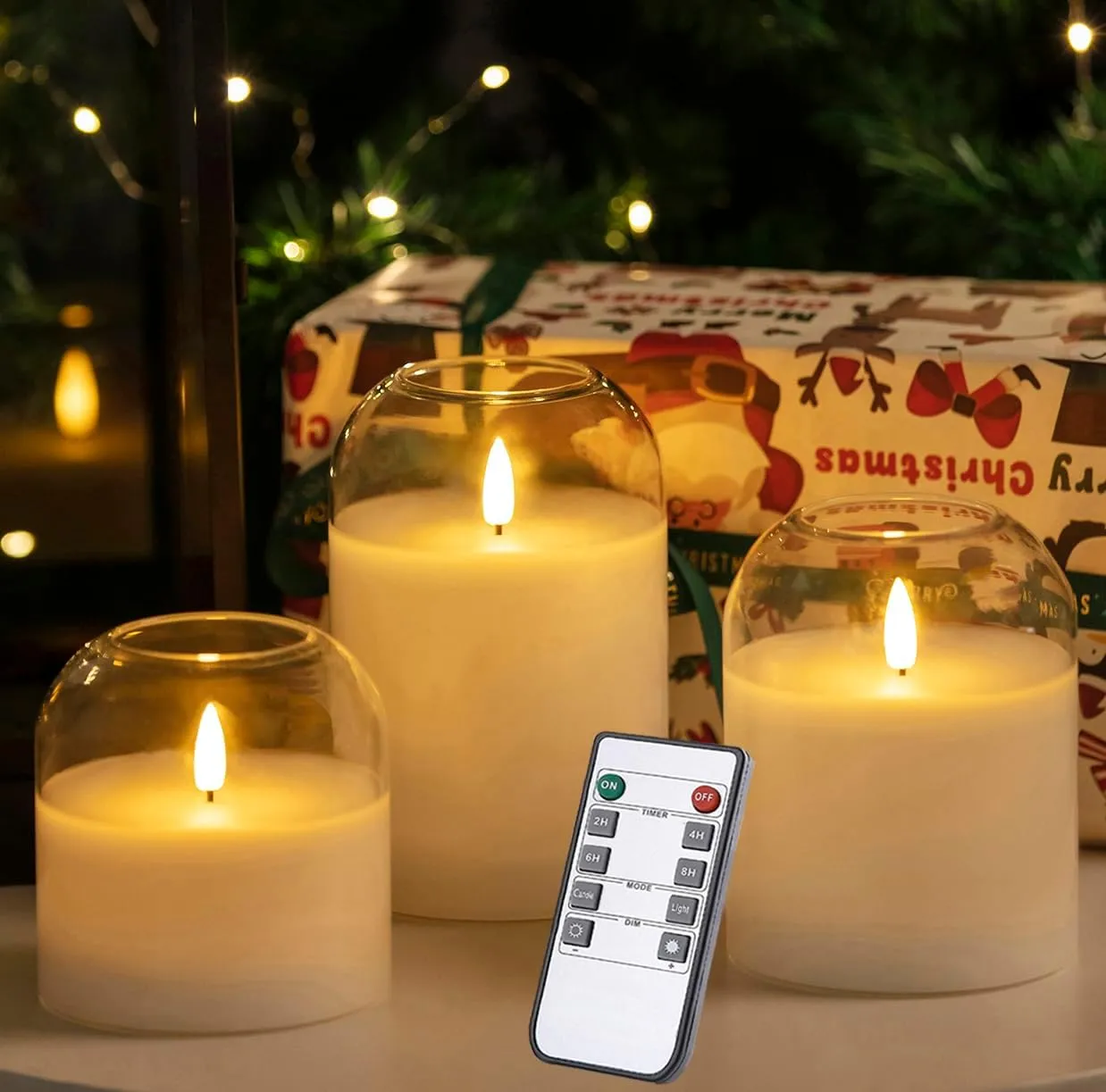 White Glass Flameless Candles Set of 3 (Φ 4" H 4" 5" 6") with Remote Battery Operated Flickering LED Pillar Candles Real Wax 3D Wick