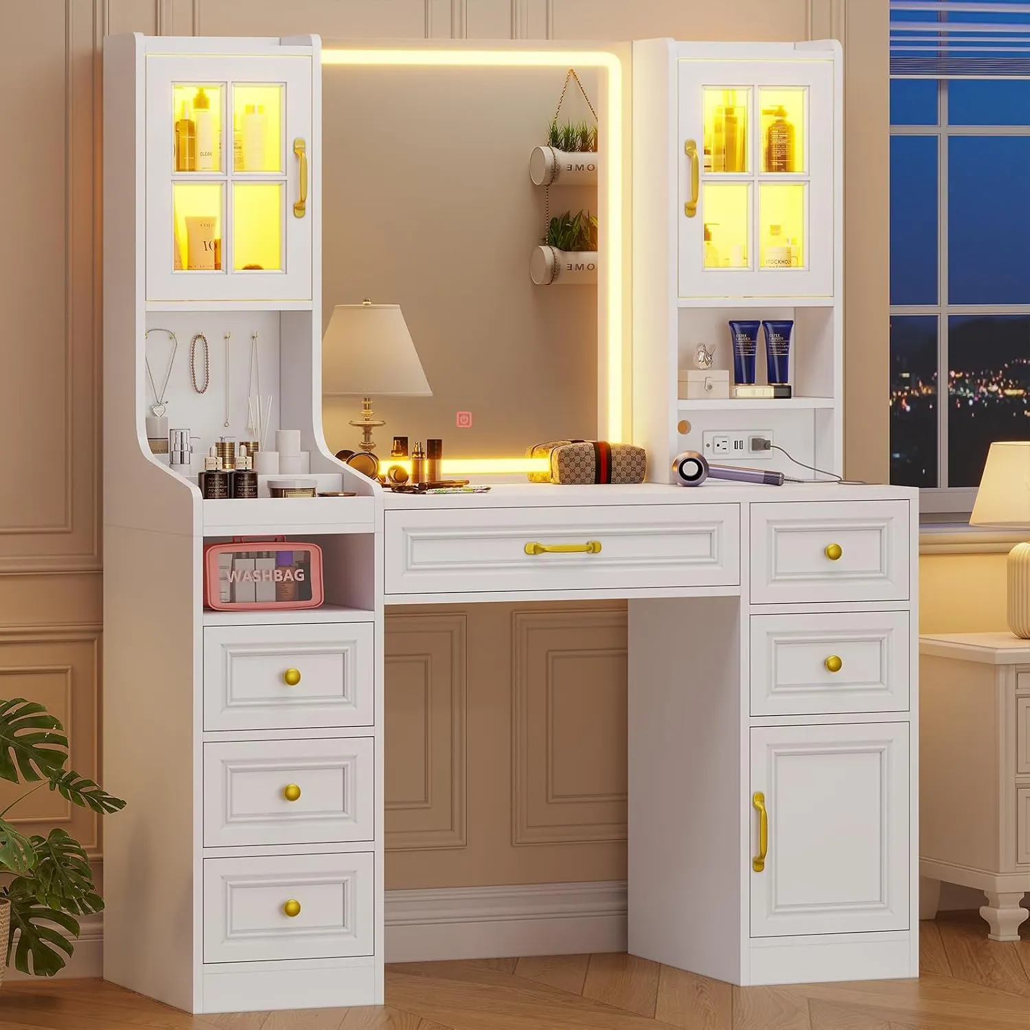 White Vanity Desk with Touch Screen Mirror and Lights, Large Makeup Vanity with RGB Light Cabinets & Charging Station, 6 Drawers, 5 Jewelry Hooks, Vanity Table with Lighted Mirror