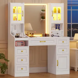 White Vanity Desk with Touch Screen Mirror and Lights, Large Makeup Vanity with RGB Light Cabinets & Charging Station, 6 Drawers, 5 Jewelry Hooks, Vanity Table with Lighted Mirror