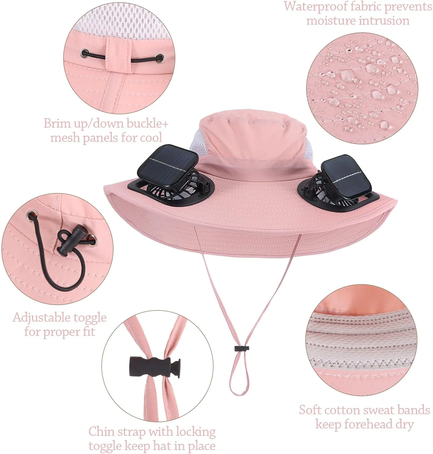 Wide Brim Solar Fan Outdoor Fishing Hat with 2 Solar Fan UPF 50  Sun Bucket Hat Waterproof Breathable Fishing Hat Bucket Hat