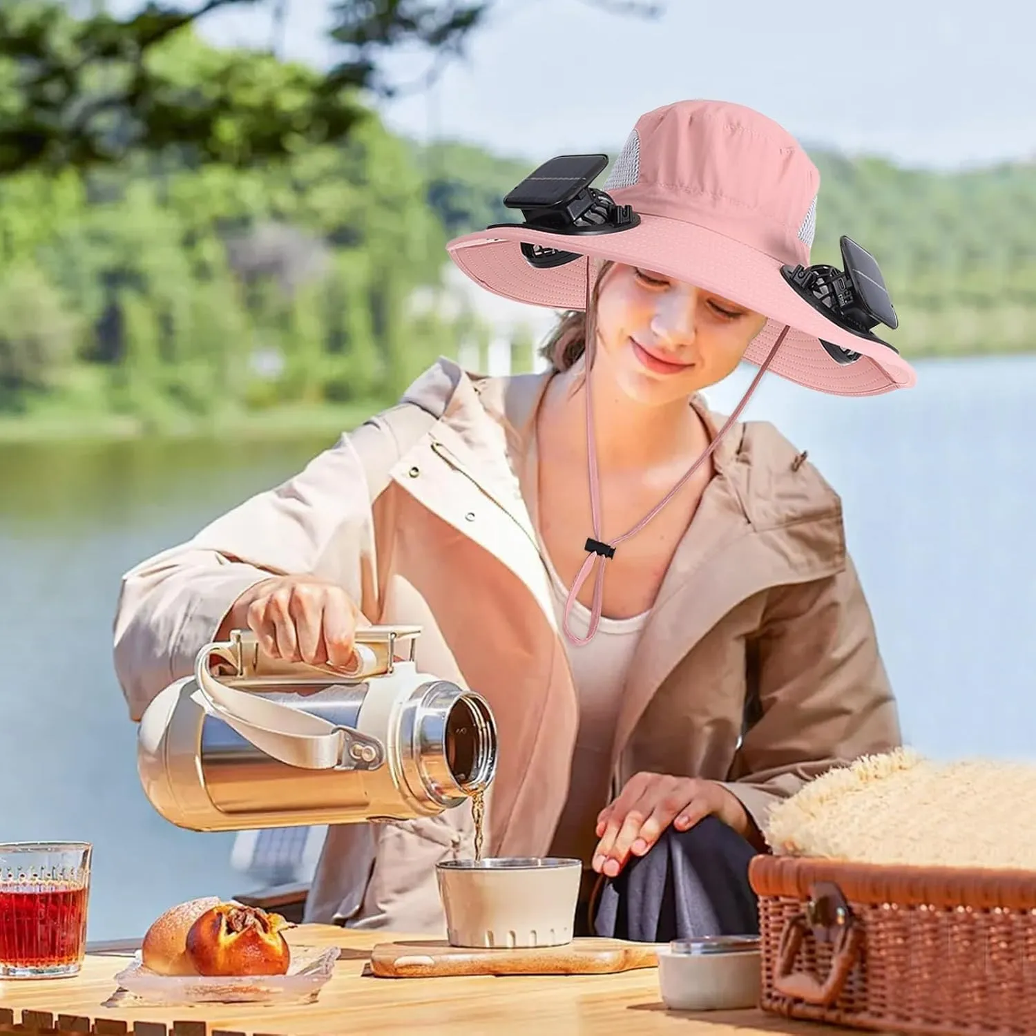 Wide Brim Solar Fan Outdoor Fishing Hat with 2 Solar Fan UPF 50  Sun Bucket Hat Waterproof Breathable Fishing Hat Bucket Hat