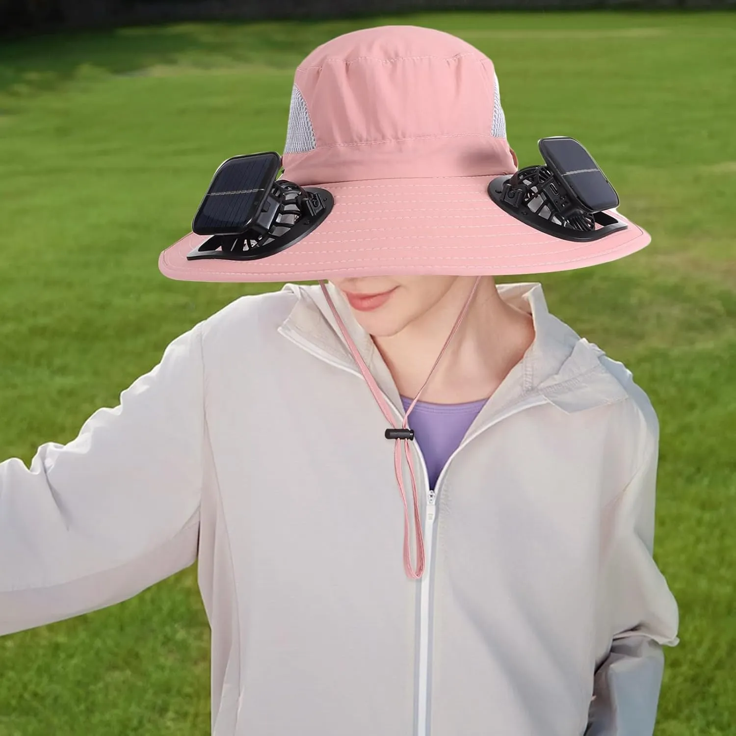 Wide Brim Solar Fan Outdoor Fishing Hat with 2 Solar Fan UPF 50  Sun Bucket Hat Waterproof Breathable Fishing Hat Bucket Hat