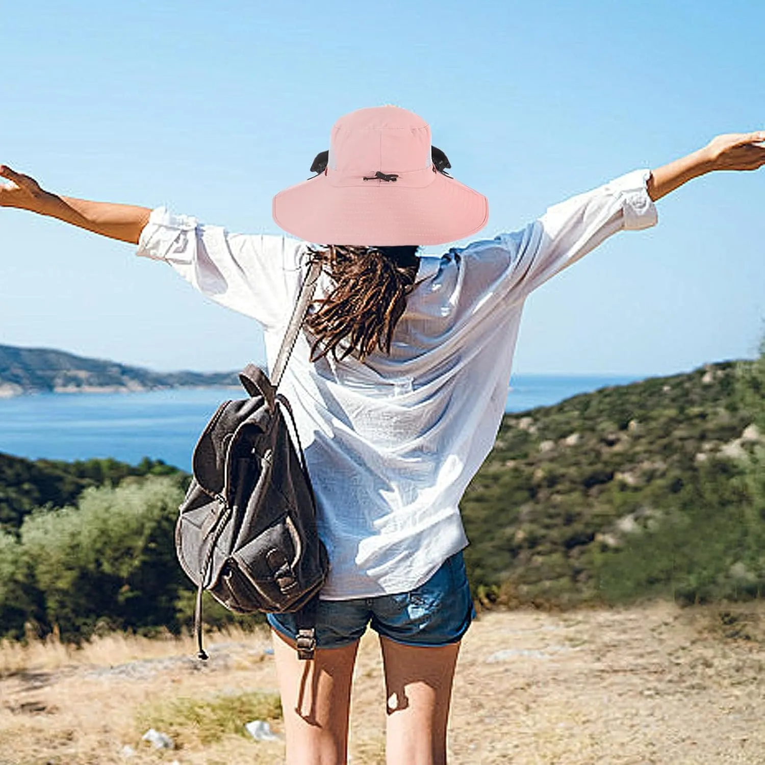 Wide Brim Solar Fan Outdoor Fishing Hat with 2 Solar Fan UPF 50  Sun Bucket Hat Waterproof Breathable Fishing Hat Bucket Hat
