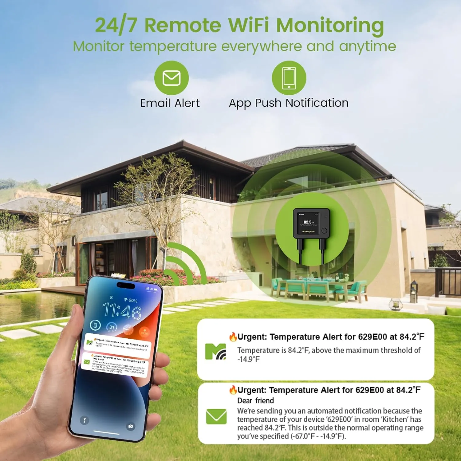 WiFi Thermometer with Freezer Alarm, Digital Fridge Thermometer, Email Alert, App Push Notification, 2-Years Data Export, Remote App Monitor for Freezer, Refrigerator, Fish Tank