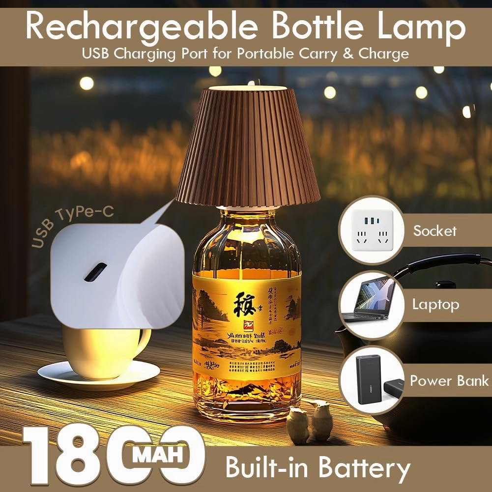 WILIT 2 Pack Wireless Bottle Lamp, 3-Level Brightness Cordless Table Shades, Rechargeable Battery Operated for Bedroom, Living Room, Kitchen Counter, Gifts for Women