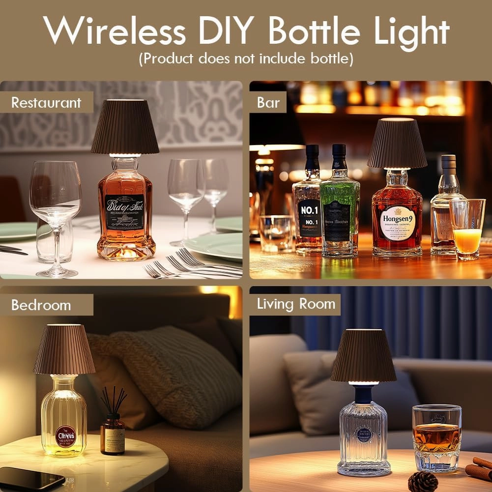 WILIT 2 Pack Wireless Bottle Lamp, 3-Level Brightness Cordless Table Shades, Rechargeable Battery Operated for Bedroom, Living Room, Kitchen Counter, Gifts for Women