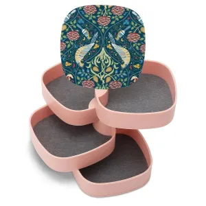 William Morris Art Vintage Flowers and Birds on Dark Blue Women Jewelry Box with Mirror, Storage Bag Case for Rings, Necklaces, Bracelets, 360 Degree Rotating 4-layer Tray with Lid