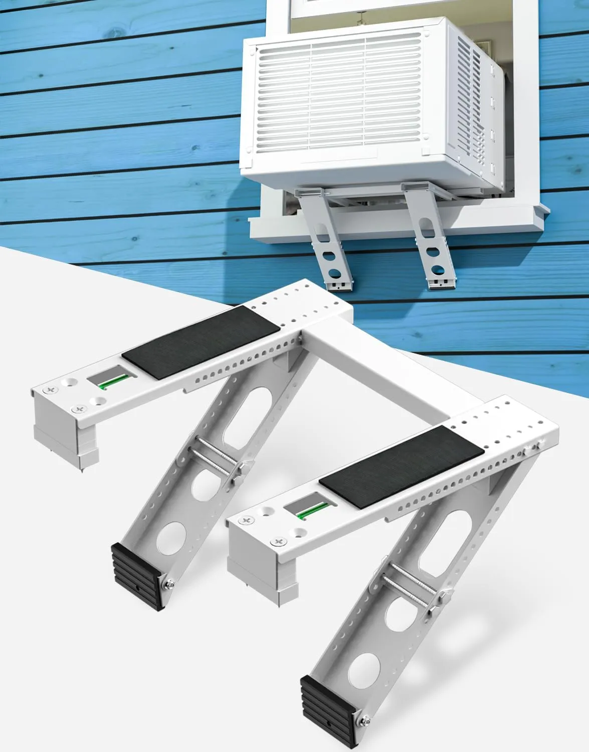 Window Air Conditioner Support Bracket: Heavy Duty Window AC Bracket with 2 Arms, Up to 220 lbs, Universal Fit 5,000 to 24,000 BTU Window Units, Adjustable Crossbar, Level, Non-Slip Mat