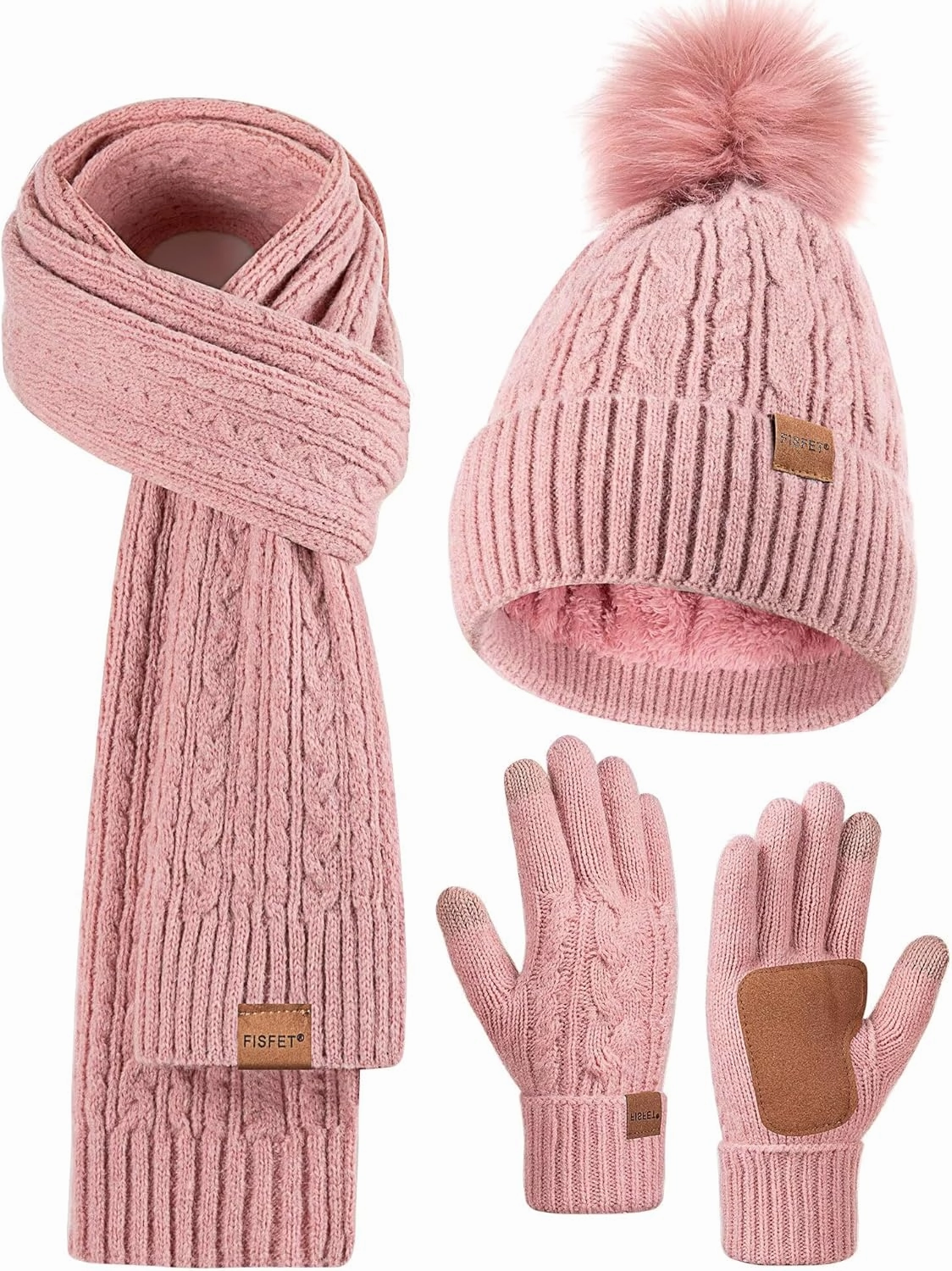Winter Beanie Hat Scarf Gloves Set for Women, Pom Pom Beanie Fleece Lined Knit Neck Warmer Touchscreen Gloves 3 in 1 Gift Set