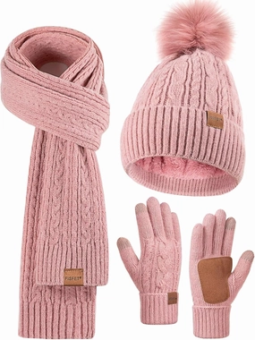 Winter Beanie Hat Scarf Gloves Set for Women, Pom Pom Beanie Fleece Lined Knit Neck Warmer Touchscreen Gloves 3 in 1 Gift Set