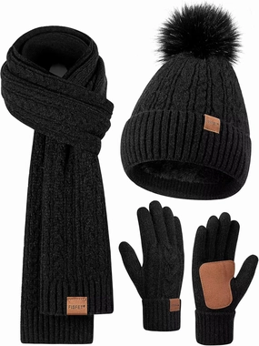 Winter Beanie Hat Scarf Gloves Set for Women, Pom Pom Beanie Fleece Lined Knit Neck Warmer Touchscreen Gloves 3 in 1 Gift Set