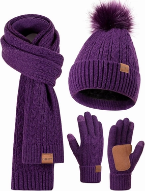 Winter Beanie Hat Scarf Gloves Set for Women, Pom Pom Beanie Fleece Lined Knit Neck Warmer Touchscreen Gloves 3 in 1 Gift Set