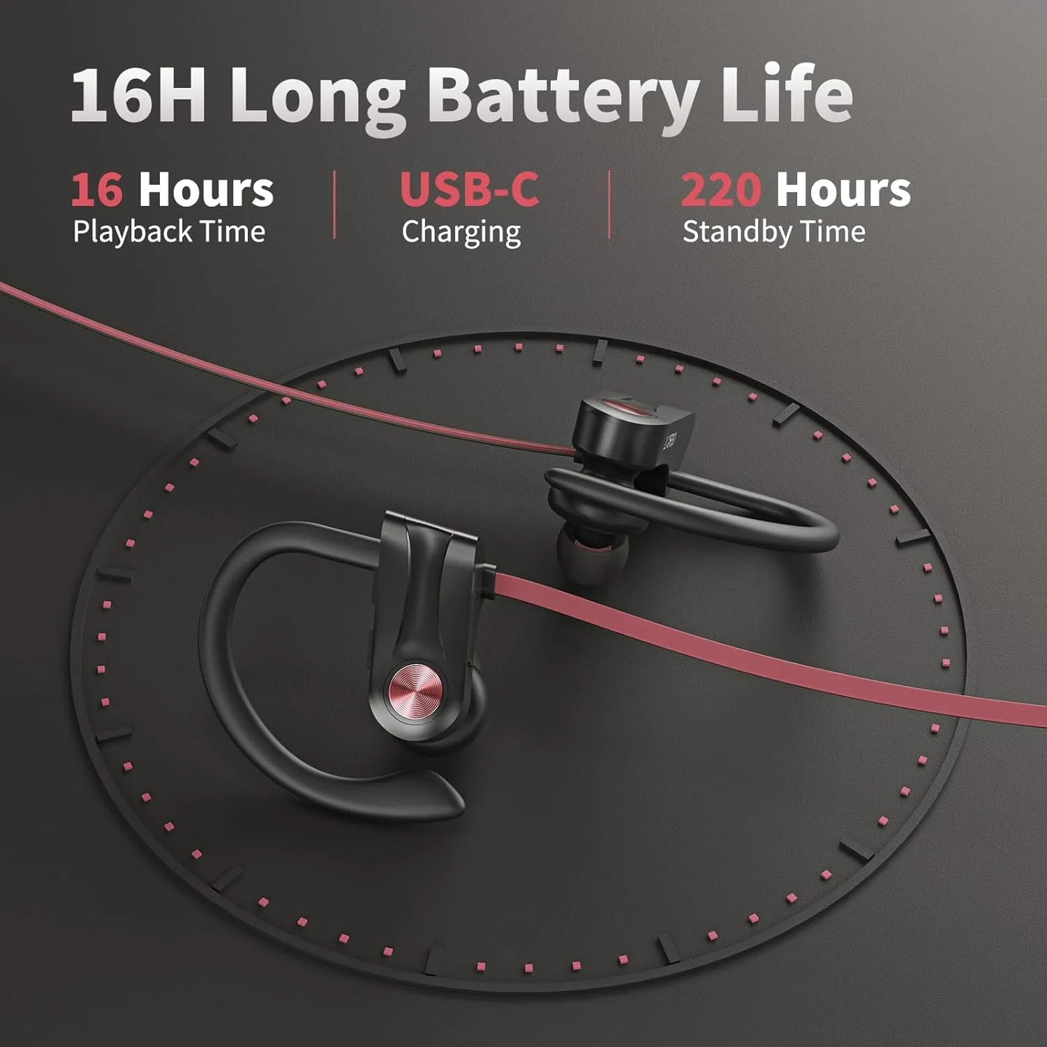 Wireless Bluetooth 5.3 Wireless Headphones with 16Hrs Long Battery, Stereo IPX7 Waterproof in-Ear Earphones, Noise Cancelling Headphones for Running, Black&Pink